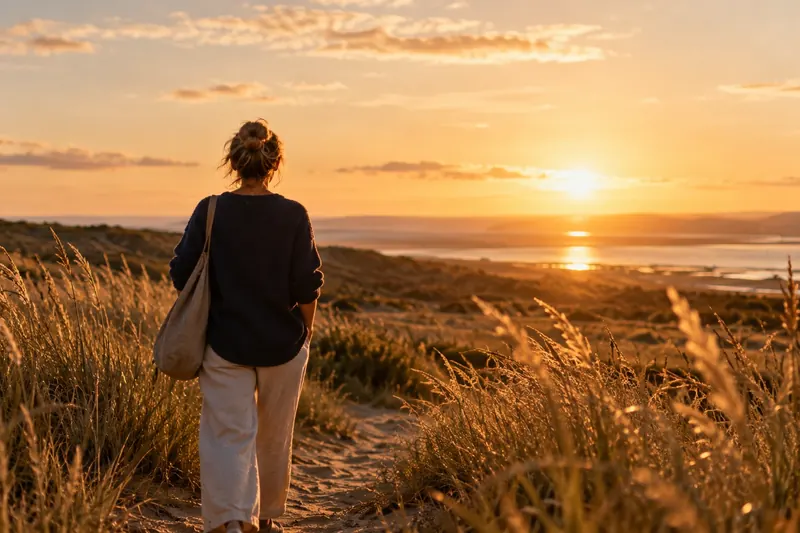 Eine Person geht bei Sonnenuntergang durch die Dünen Richtung Meer